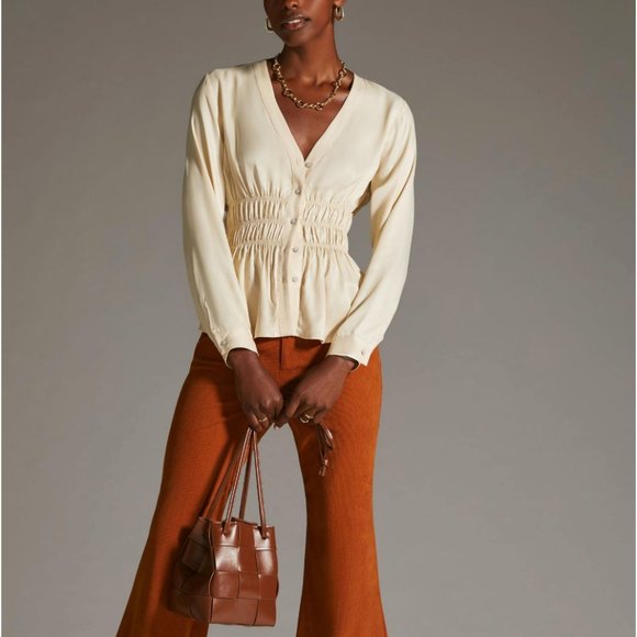 Anthropologie Tops - Anthropologie Smocked Satin Blouse Top Large MSRP Large $98 NWT